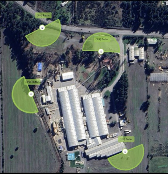 Cobertura de radar perimetral sobre instalación industrial — detección de zonas en tiempo real
