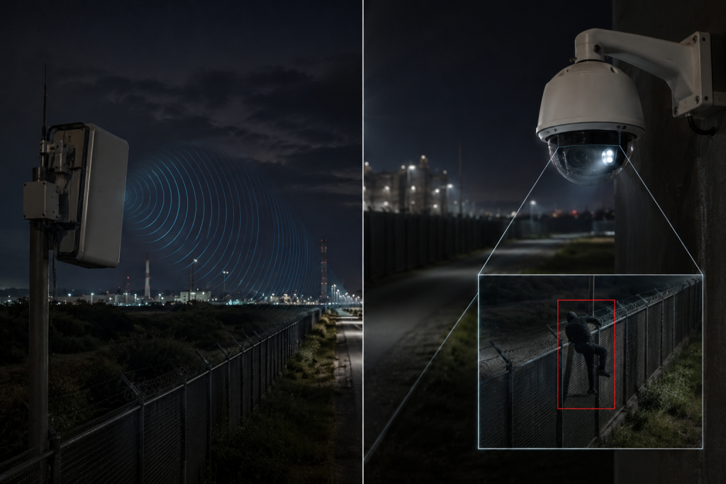 Cámara de seguridad con inteligencia artificial detectando personas y vehículos en perímetro industrial — First Security