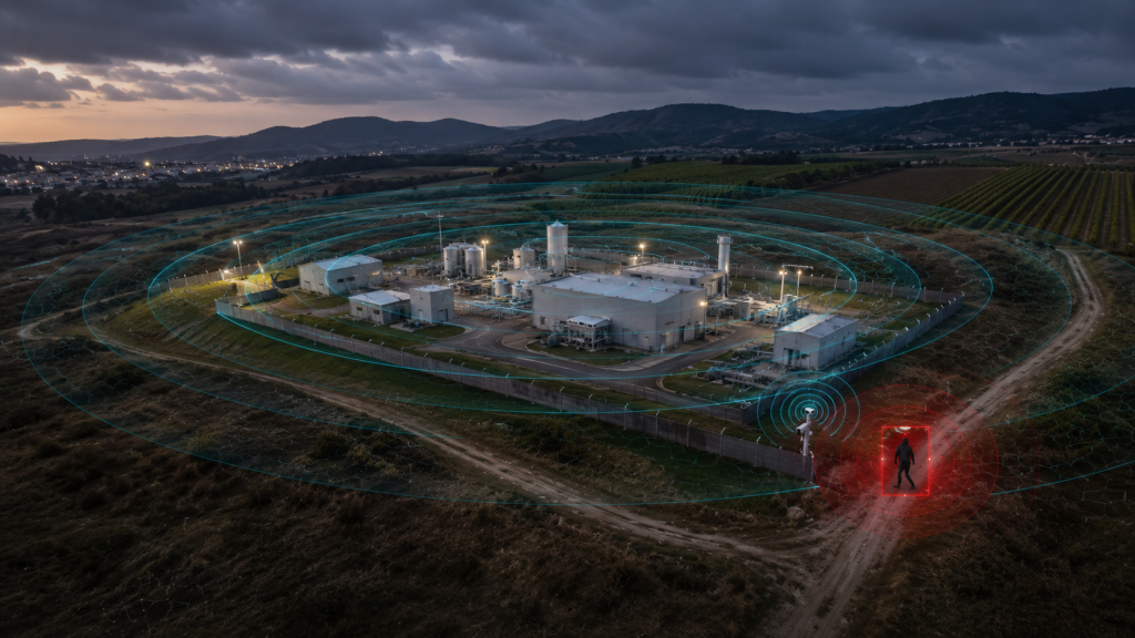 Radar de detección perimetral Dahua instalado en instalación industrial — First Security