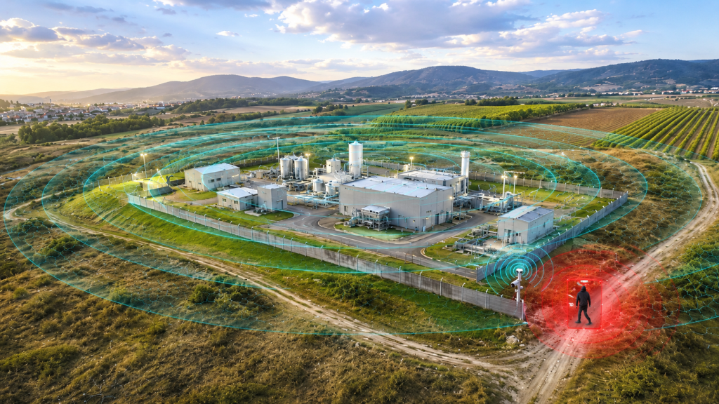 Radar de detección perimetral instalado en perímetro industrial — First Security