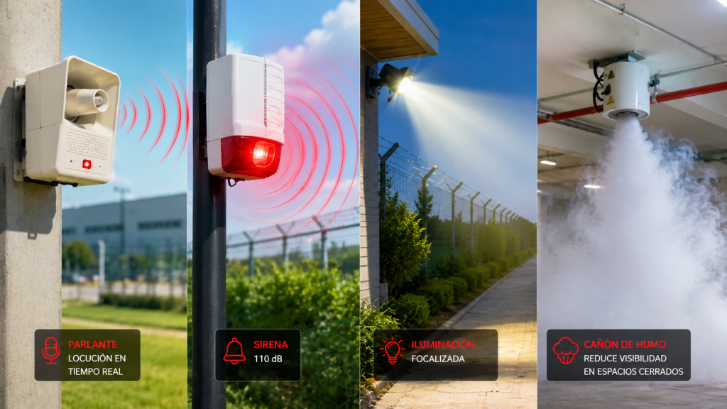Sistema disuasivo perimetral con parlantes, sirena e iluminación focalizada para seguridad empresarial — First Security